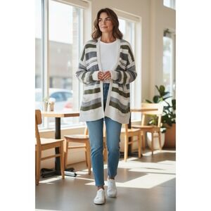 Pink Clover Stitch Fix White & Gray Striped Open Front Long Sleeve Cardigan NWT